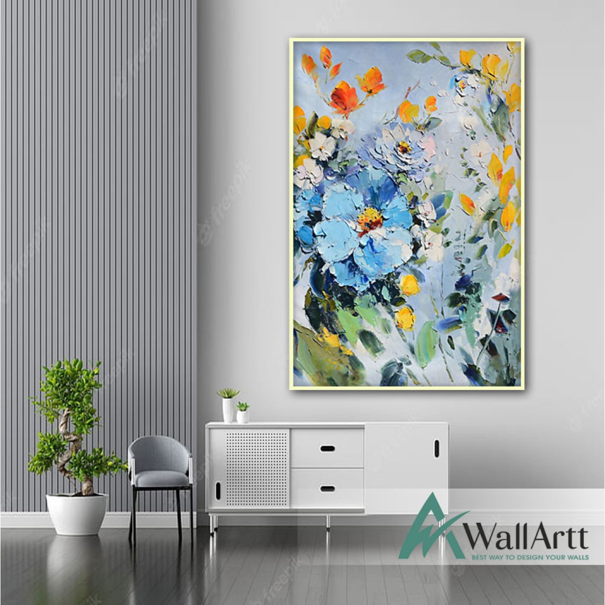 Blue Flower with Yellow Leaves 3d Heavy Textured Partial Oil Painting